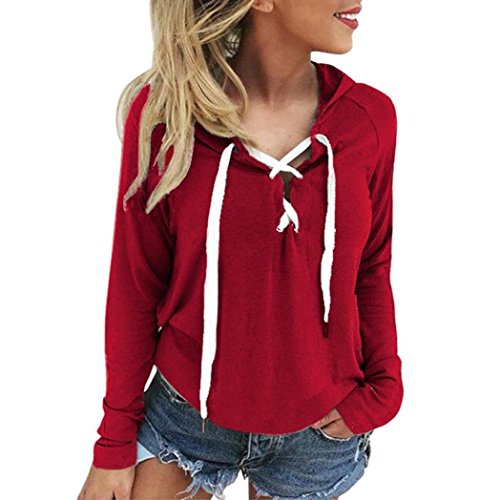 Hoodies for Womens Plus Size,FORUU 2020 Winter Fashion Casual Tops Women's Loose Lace Up Front Long Sleeve Solid Pullover 2020 Spring Newest Sweatshirt with Hood Christmas Thanksgiving Red