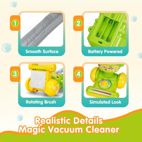 Image of FS Kids Vacuum Toy for Children 18 Months+ Green with Washable Mop Pad | Pretend Housekeeping Toy with Interactive Lights, Sounds and Washable Mop Pad for Creative Cleaning Activities and Role Play.
