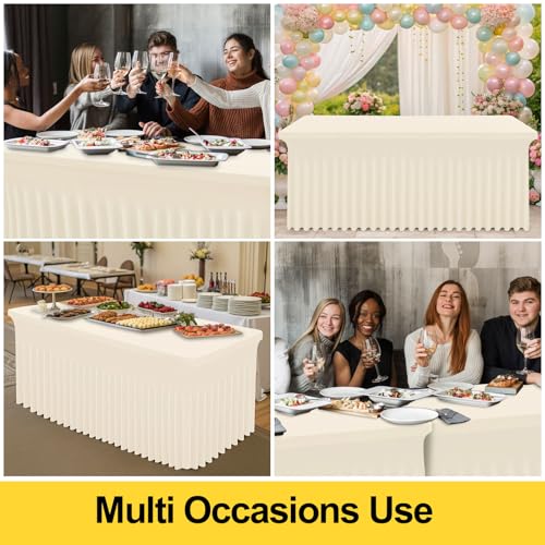 Image of Smiry 2 Pack Spandex Elastic Fitted Table Cloth Skirt for 8FT Table | Stretch Washable Table Cloth, Banquet Table Cover for Wedding, Party, Indoor & Trade Shows, (Beige, 96Lx30Wx30H)