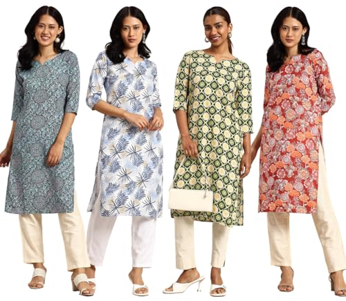 Image of JAKHANA Women's Crepe Printed Casual Straight Calf Length Round Nick Kurta Pack of 4