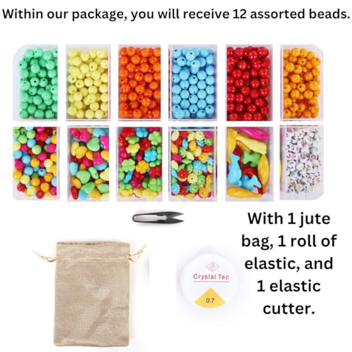 Image of Ambitieux Bracelet Making Craft Kit 12 Types Of Colorful 900+ Pcs Of Plastic Beads With Elastic, Jute Bag And Thread Cutter - Perfect For Crafting (Colorfull With 8 Mm, Multicolor)