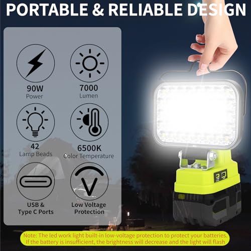 Image of Cordless LED Work Light Compatible with Ryobi 18V Battery, 90W 7000LM Flood Light with USB & Type-C, Low Voltage Protection for Garage Outdoor Job Site Lighting (No Battery)