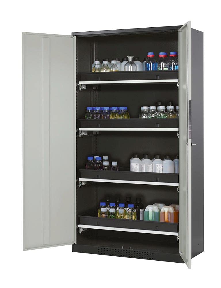 Schrank zum Abfüllen von Chemikalien aus Stahlblech, anthrazitgrau und lichtgrau, 1055 mm x 1950 mm x 520 mm, wassergefährdende Stoffe, Flügeltüren