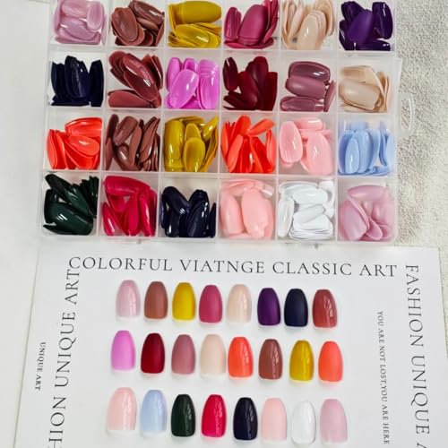 Image of 24 Colors Coffin Press on Nails Solid Color Fake Nails Short False Nails Pure Color Glue on Nails Glossy Reusable Artificial Acrylic Nail Full Cover Stick on Nails for Women Manicure 576Pcs
