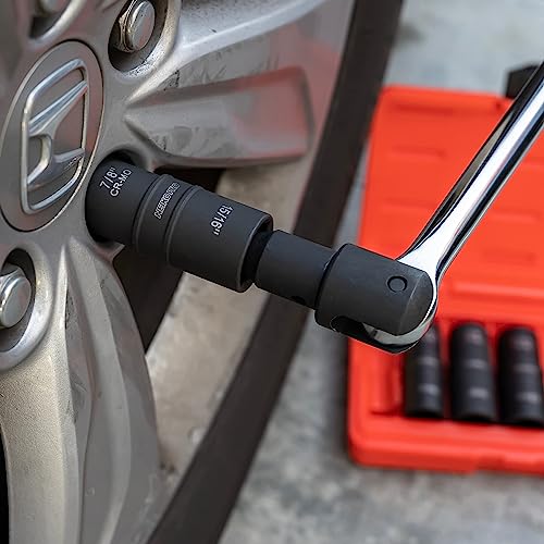 Image of NEIKO 02287B 6-Pc 1 /2-Inch-Drive Impact Socket Set, 10 SAE & Metric Sizes, Thin Wall Wheel Lug Nut Socket Set, Cr-Mo, 3-Inch Extension Bar, 6-Point, 19 & 21mm Sockets
