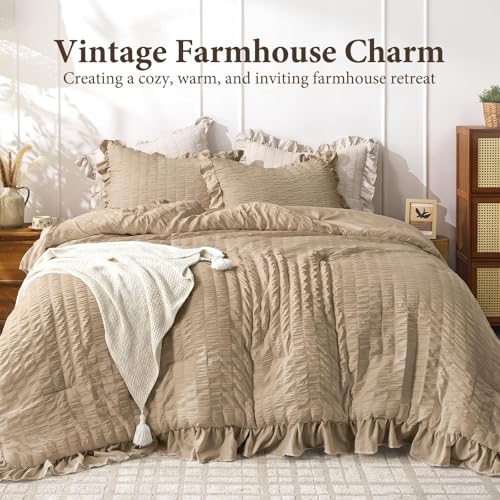 Image of JOLLYVOGUE Khaki Twin /Twin XL Comforter Set, 2 Pieces Seersucker Lightweight Fluffy Bedding Set, Twin Ruffle Comforter, All Season Soft Microfiber Shabby Chic Bed Set
