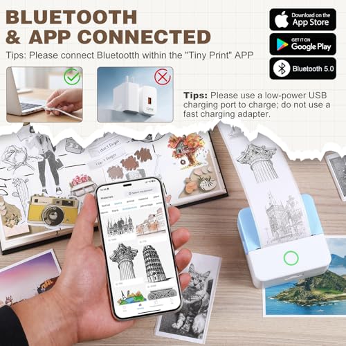 Image of cudinham Print Pods Mini Printer, Sticker Printer with 10 Rolls Thermal Printing Paper, Inkless Pocket Printpod for Phone, Impresora Portatil for Notes, DIY, Compatible with iOS & Android (Blue)