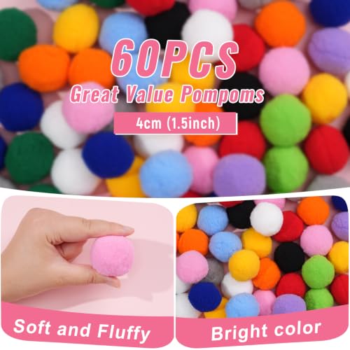 Image of 60Pcs Faux Fur Pom Poms Balls-1.5 Inch Pom Poms DIY Crafts Art School Craft