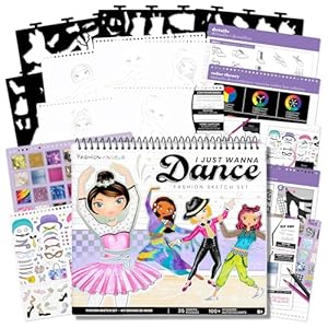 Fashion Angels I Just Wanna Dance – Juego de bocetos de moda, crea trajes temáticos de baile con 35 páginas de bocetos, más de 100 calcomanías y plantillas, divertido kit de manualidades para niños