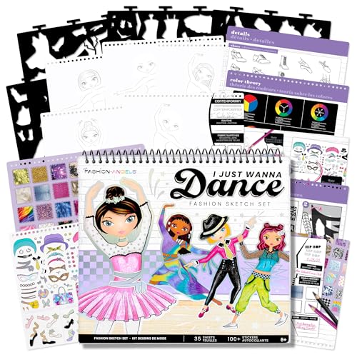 Fashion Angels I Just Wanna Dance Fashion Sketch Set Create Dance-Themed Outfits with 35 Sketch Pages 100+ Stickers & Stencils Fun Craft Kit for Kids