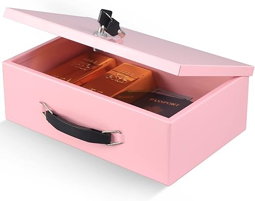 Miniatura 1 de xydled Caja fuerte resistente al fuego con cerradura de llave para almacenamiento de seguridad de objetos de valor, 12.8 x 8.5 x 4.5 pulgadas, rosa