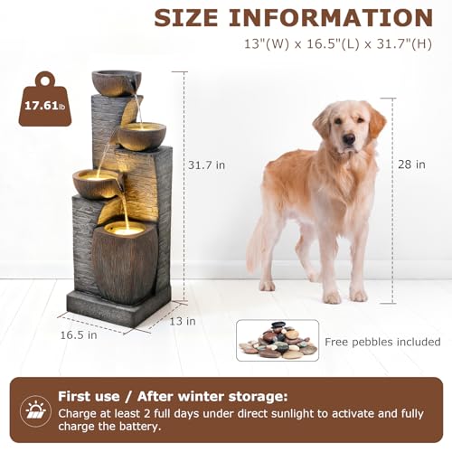 Image of 38.2 inch Tall Solar Water Fountain Outdoor Garden with LED Lights | 4 Tiers Modern Cascading Bowls and Stacked Stones Solar Powered Fountains for Patio, Deck, Porch, Backyard, Lawns