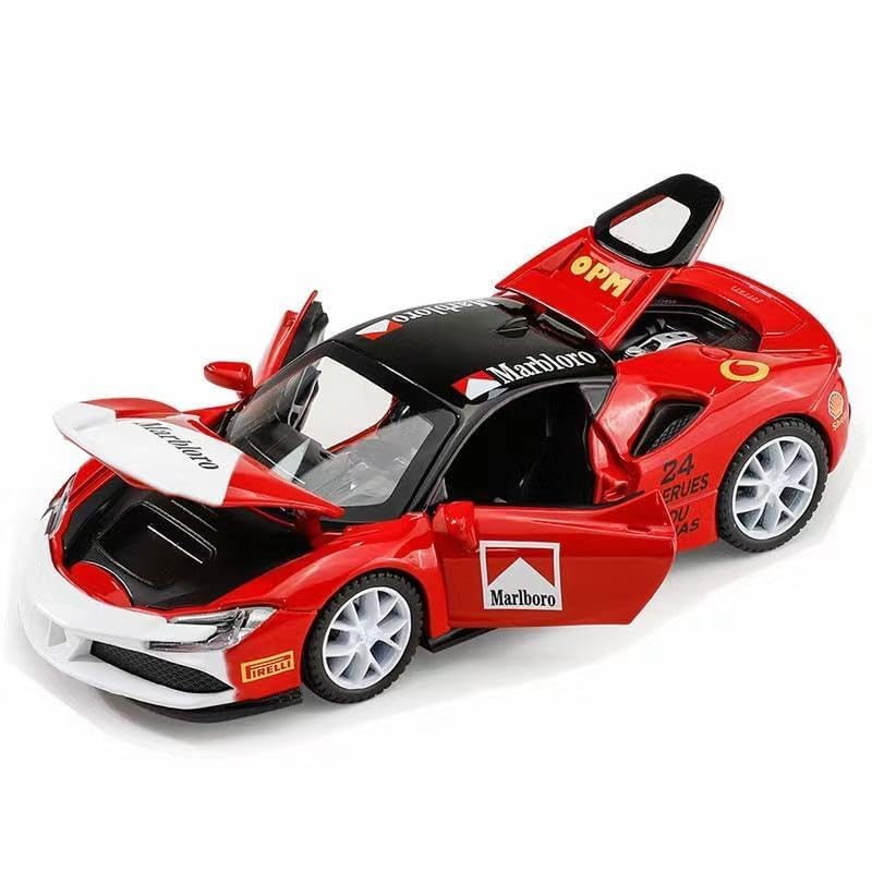 Image of WORSHIPER Ferrari MARBLORO Model Car 1:32 Exclusive Alloy Metal Pull Back Die-cast Car Die-cast Metal Pullback Toy car with Openable Doors & Light Music