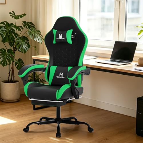 Image of Gaming Chair, Computer Office Chair with Footrest, Adjustable Height & Backrest Gaming Chairs with Swivel for Adults, High Back PU Leather Ergonomic Chair with Lumbar Support, Blackgreen