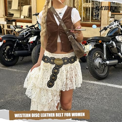 LEACOOLKEY Hollow Western Disc Belt for Dress Boho Concho Belt Vintage Country Waist Belts for Women2