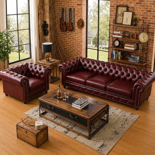 Image of Modern Classic Design Leatherette Luxury Chester Sofa Set with Button Tufted, Sofa for Living Room Home, Office, Hotle and Lobby, Living Room Set (Burgundy, 3+1=4 Seater Sofa)