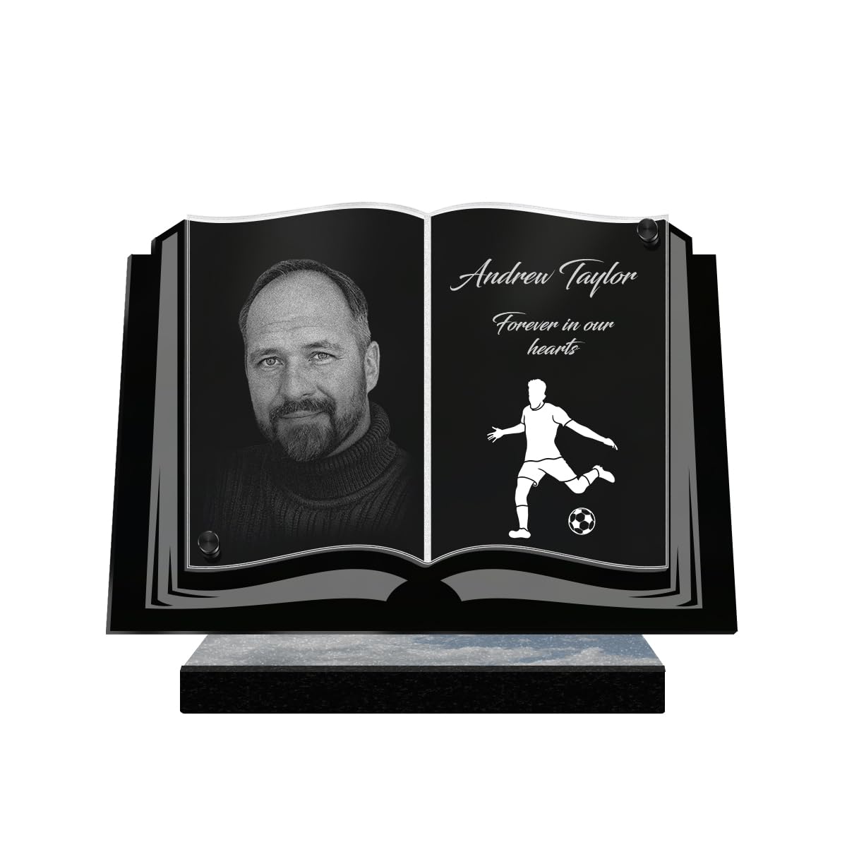 ETERNEL - Personalized Funeral Plaque Book Football Customizable Photo and Text, laser-engraved funeral plaque for tribute, tombstone, mortuary, funeral, commemoration