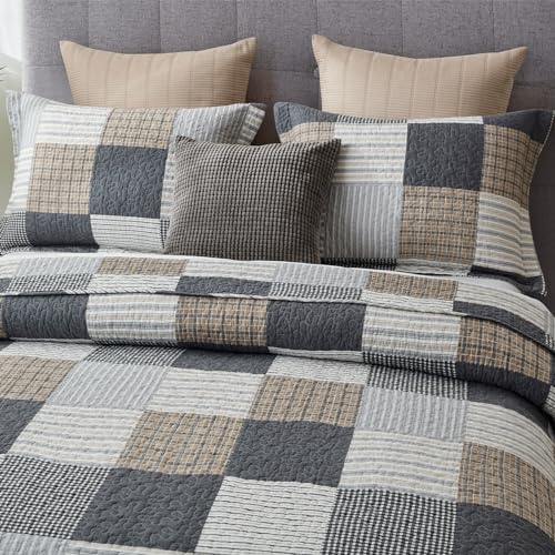 Image of Finlonte King Quilt Bedding Set - 100% Cotton King Size Comforter, Plaid Quilted Bedspread Farmhouse Country Bed Spread, Lightweight Reversible King Quilt Sets All-Season, Gray /Brown /Black /White, 3Pcs