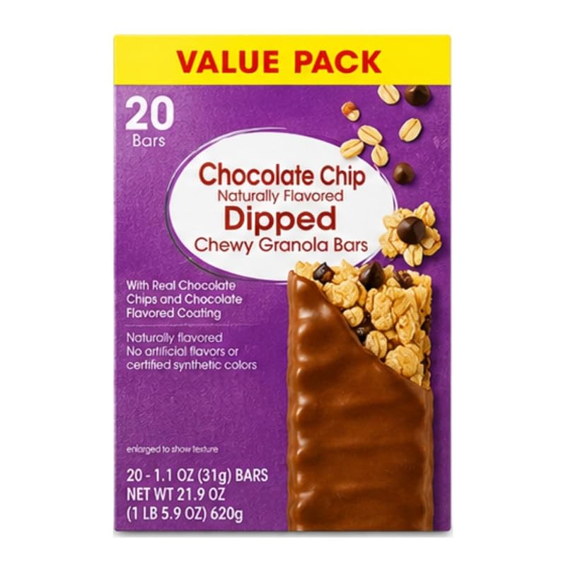 ROOK UNLIMITED Chocolate Chip Dipped Chewy Granola Bars, 1.1 oz Paper Box, 20 Count