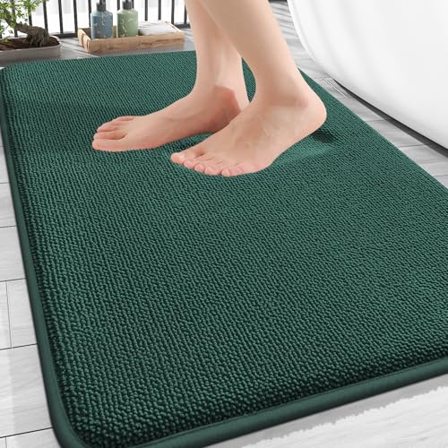 Image of OLANLY Thick Memory Foam Bath Mat Rug 30x20, Extra Soft Absorbent Bathroom Rug, Quick Dry Bath Mats, Non-Slip, Washable Carpet for Bathroom, Tub and Shower, Home Decor Accessories, Blackish Green