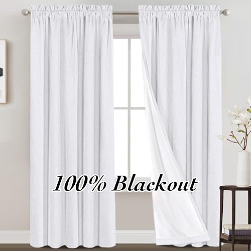 Miniatura 8 de Cortinas 100 % blackout para sala de estar, con aspecto de lino natural y forro de aislamiento térmico blanco