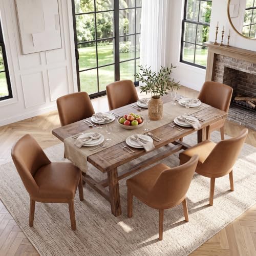 Image of Brown Faux Leather Dining Chairs Set of 6, Upholstered Dining Room Chairs | Comfortable Back Support, Sturdy Brushed Solid Wood Legs, Modern Farmhouse Kitchen Chairs for Living Room, Home, Apartment