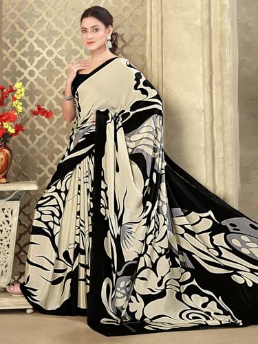 Image of SIRIL Women's Crepe Silk Printed Saree with Unstitched Blouse Piece