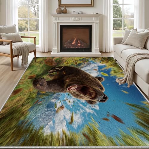 3D Brown Bear 5x8 Area Rug Rustic Wild Animal Machine