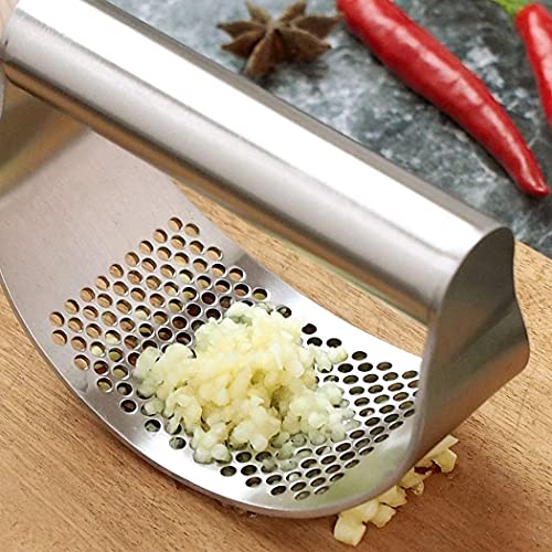 Foto von Yagnn Knoblauchpresse, Knoblauchzerkleinerer, Küchen-Knoblauchwippe, 304 Edelstahl, Lebensmittelqualität, Ingwerzerkleinerer, ergonomische Arbeitsersparnis, mit Knoblauchschäler und Reinigungsbürste