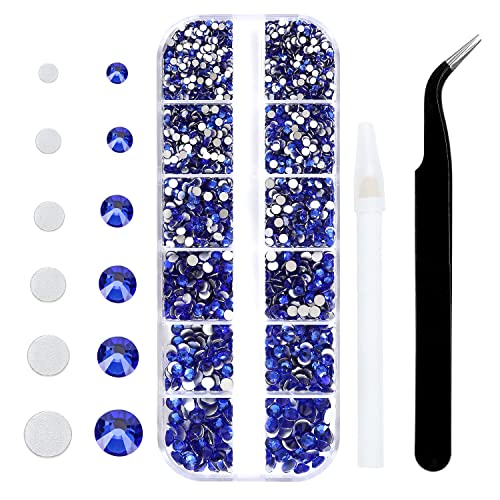 MEIBITE Royal Blue Glass Flatback Rhinestones for Nails, Crafts & Clothes – 4240PCS 6 Sizes (SS6–SS20) Crystal Gems Kit with Tweezers & Picker, Non Hotfix DIY Rhinestones for Tumblers, Nail Art