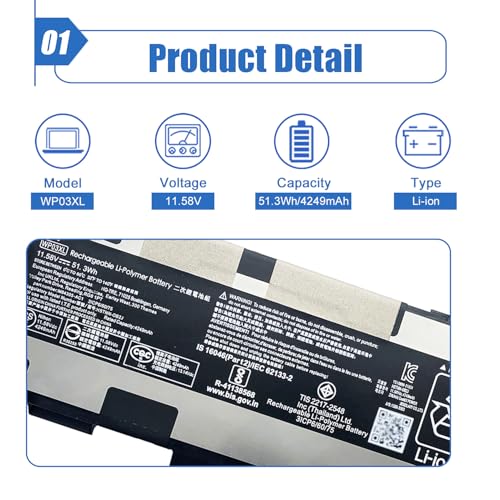 Image of 51.3Wh WP03XL Laptop Battery Compatible with HP Elitebook 830 840 845 860 865 X360 1040 G9 ZBook Firefly 14 G9 G10 Series HSTNN-OB2J HSTNN-LB8W L78555-005 M64305-421 11.58V 4249mAh