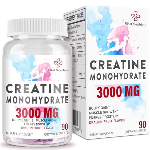 Sihat Sejahtera 3000 mg Creatine Pills with Hydrolyzed Collagen, BCAA, Panax Notoginseng Extract – Performance & Recovery, Dragon Fruit Flavor Creatine Chews Tablets, 90 Count