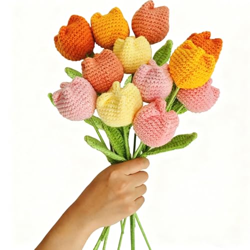 12Pcs Handmade Crochet Tulip Bouquet Completed Knitted Yarn Artificial Tulips Charming Knitted Flower Bouquet for Valentines Day Mothers Day Birthday Anniversary