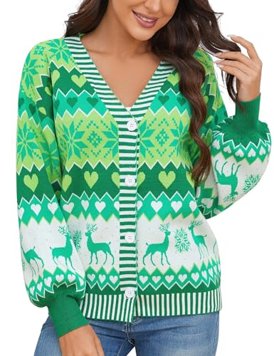 KOJOOIN Women Christmas Cardigans Sweaters V Neck Casual Sweater Comfy Xmas Party Open Front SweatshirtGreen Middle