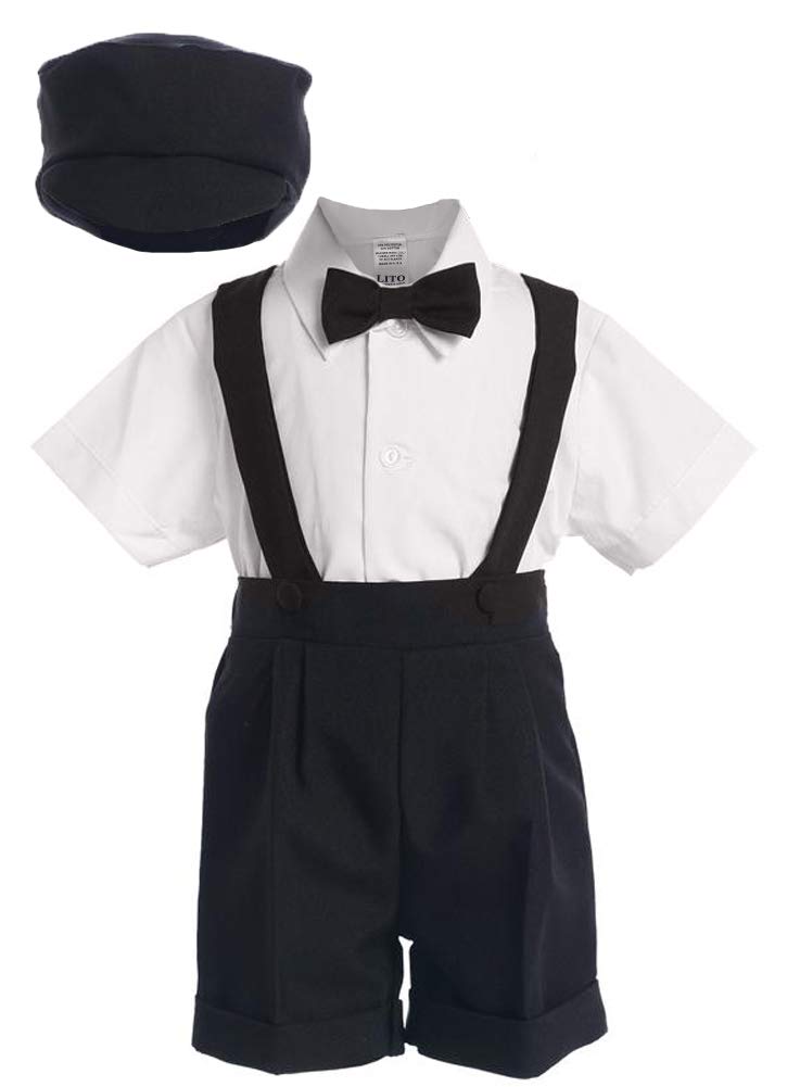 4-Piece Christening Baptism Suspender Short Set - Black or White Cap Bowtie