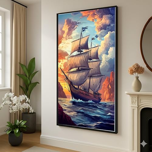 Tableau sur toile navire et coucher de soleil océan 70 x 110 cm