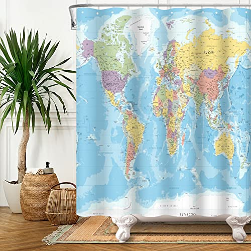 SDOTPMT 180x198cm Weltkarte Duschvorhang Länder und Städte Geographie Bad Vorhang Kinder Educational Themed Blue Ocean Badewanne Vorhang für Badezimmer Dekor mit Haken