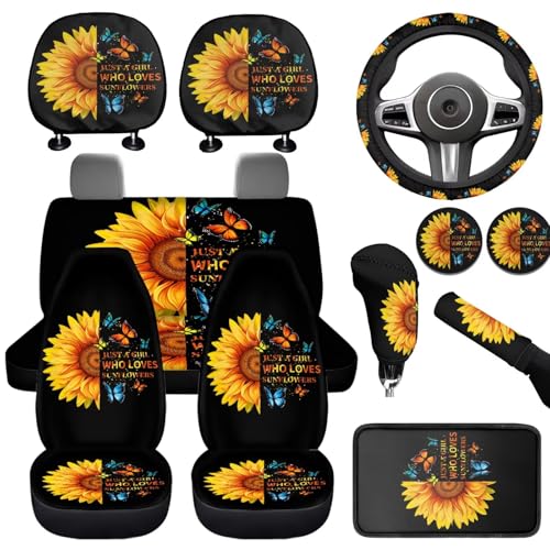 WUYOJUXA Sunflower Print Car Seat Cover Full Set for Men Women Auto Accessories Full Set 12 Pcs Steering Wheel Cover Headrest Covers Cup Coasters Universal Fits for Cars SUV Truck