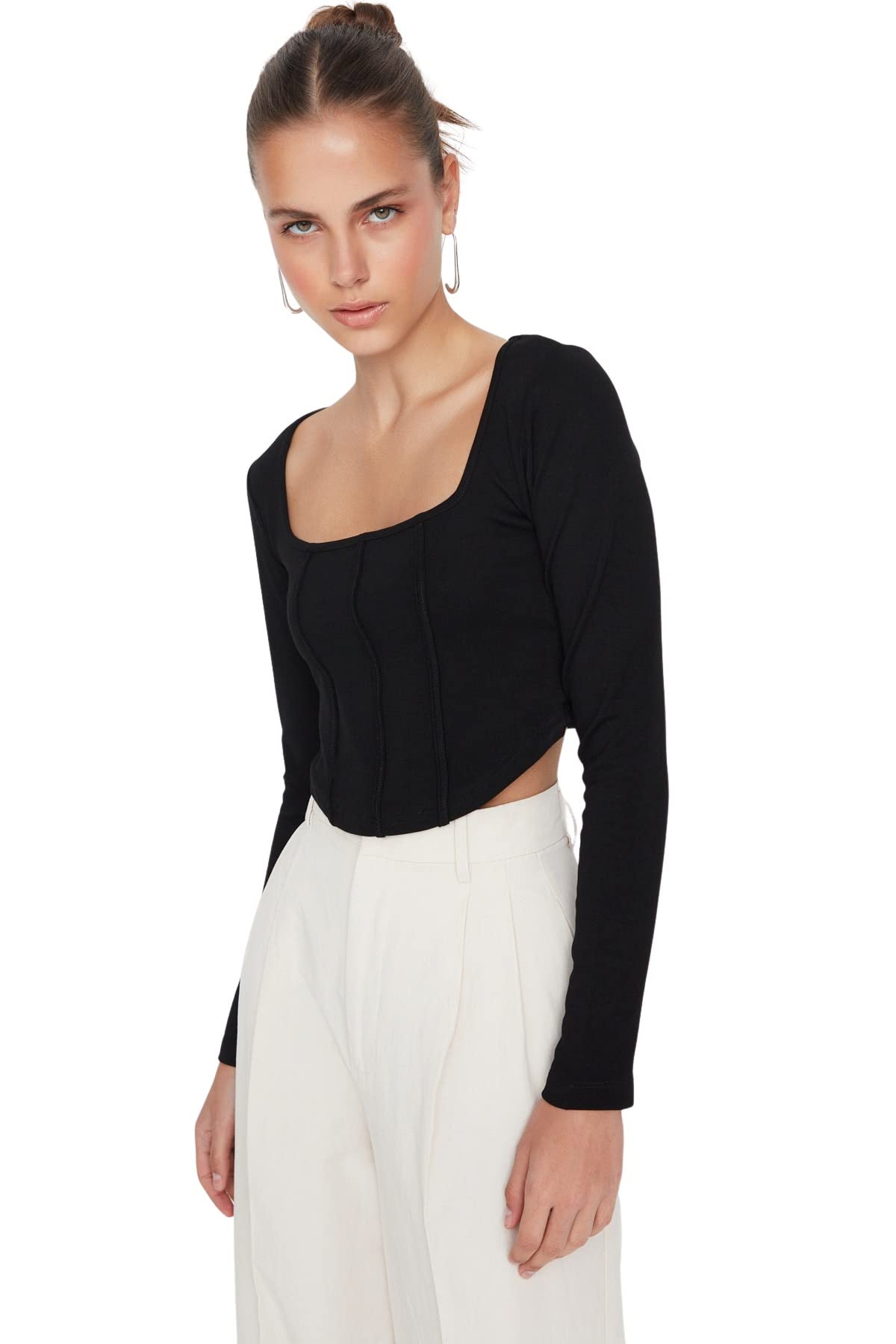 Trendyol Women Slim fit Asymmetrical Square Collar Knitted Blouse Schwarz
