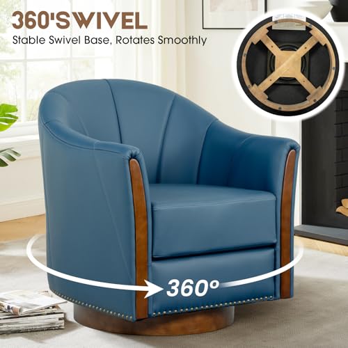 Image of 360 Swivel Accent Chair, Modern Leather Barrel Club Chair with Leather Upholstery and Sturdy Wood Base, Comfortable Armchair for Living Room, Bedroom, Reading Nook, Blue