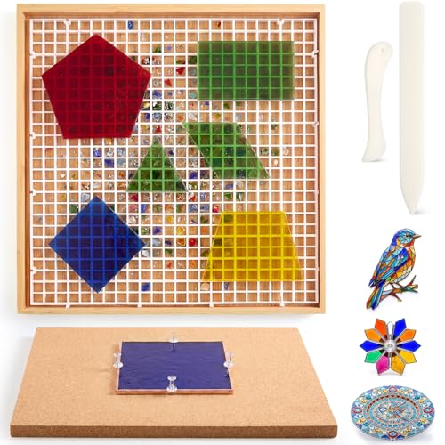 Roowest 12 x 12 Stained Glass Cutting Mat with Tray glasses Cutting Mat and 2 Burnishers Double Layer Detachable Design Stained Glass Supplies for DIY Craft Tool Scoring Severing Catching Shards