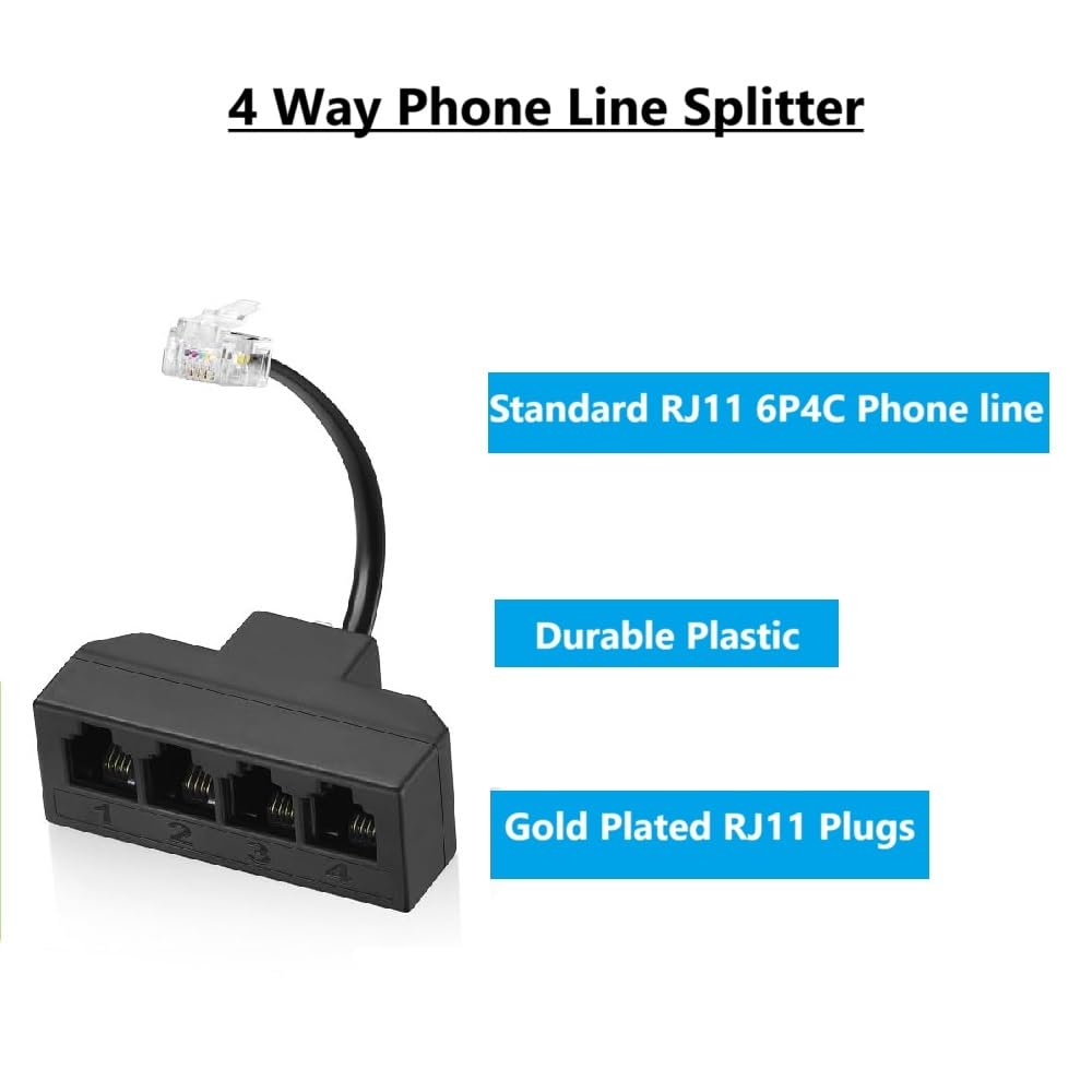 Cable RJ11 divisor de teléfono de 4 vías, paquete de 3, negro, divisor 6P4C, adaptador de cable de línea telefónica con cable para cable de teléfono fijo, adecuado para teléfono, máquina de