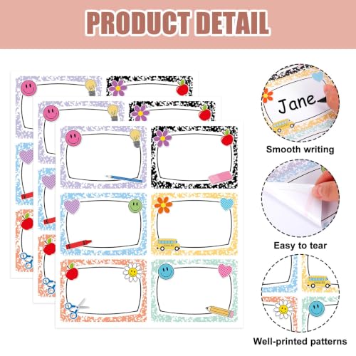 Image of Whaline 144Pcs Composition Name Tag Stickers for Classroom Back to School Name Labels 3.5 x 2.6 Inch Colorful Composition Desk Name Tags Pencil Nameplates for Preschool Elementary School