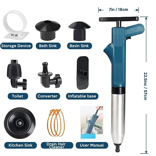 Toilet Plunger Set, Drain Clog Remover Tools High Pressure Air Drain Blaster with Visual Barometer And 3 Hair Clog Auger, Toilet Unclogger Plungers for Bathroom, Sink, Kitchen, Clogged Pipe