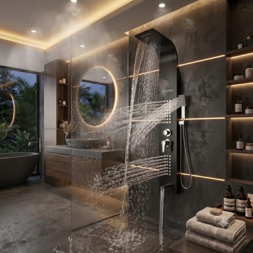 Image of ARAMO ?Brushed Shower Panel - Wave with Waterfall Shower, Massage Jet, 5 Water Functions (Black)