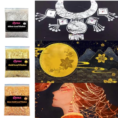 Image of Oytra Gilding Flakes Silver and Gold Metallic Foil Leaf Paper Flakes Set of 3 Color Packets DIY Art Craft Materials for Resin Nail Art Cake Decoration Painting Soap Making Supplies for Beginners Artists