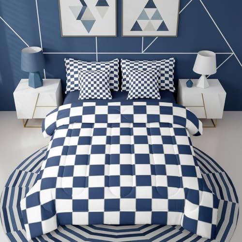 Image of Erosebridal White Blue Plaid Queen Comforter Set with Sheets 7 Piece Navy Blue Checkerboard Bedding Set for Kids Boys Teen,Checkered Grid Bed in A Bag Modern Aesthetic Geometric Bed Set