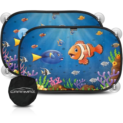CARAMAZ Pare-Soleil Voiture bébé avec Protection UV certifiée, Universel 48 x 30 cm, 2 pièces Pare-Soleil, avec ventouses