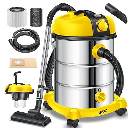 MASKO® Industriële stofzuiger, nat en droog, roestvrij staal, 2300 W + stopcontact, blaasfunctie, droogzuigen en natzuigen, push&clean, industriële stofzuiger met en zonder zak, zakloos, geel