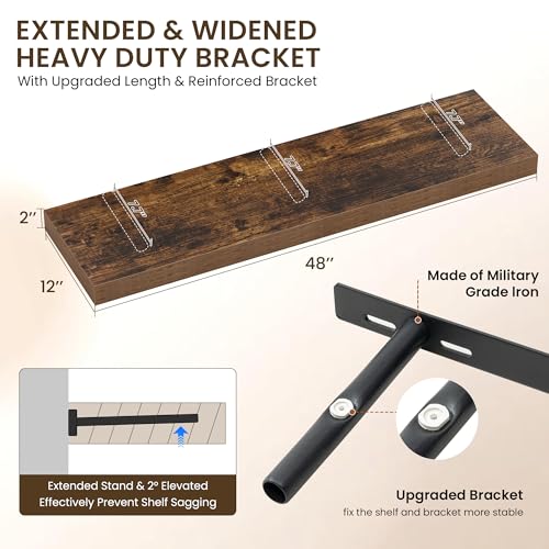 Image of Dreamland 48 inch Floating Shelves for Wall, 12 inch Deep Thicker Floating Shelves, Wall-Mounted Shelves for Bedroom, Living Room, Kitchen, Bathroom,Rustic Brown - Set of 2